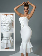 Fuaheng Strapless Bodycon Fishtail Dress With 3D Floral Decor, Waist Cinching, White Color Elegant Gown